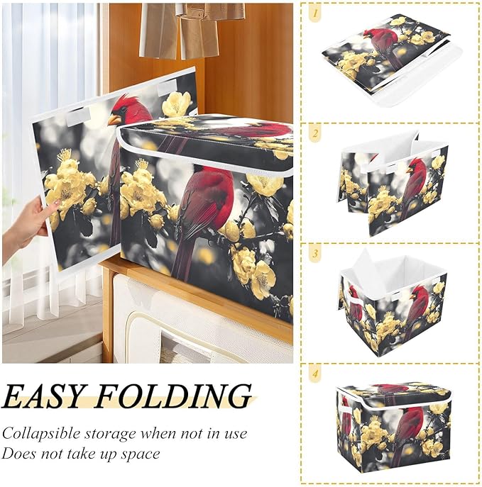 AIXIWAWA Lidded Storage Cube (Gold Flower Bird) Fabric Foldable Closet Bins with Flip Lid and Handles Organizer Basket Container 16.5 x 12.6 x 11.8 IN