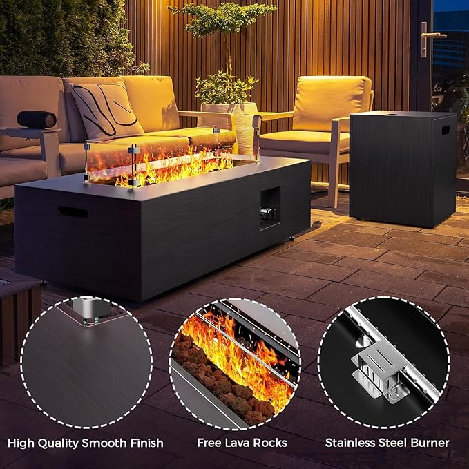 Fire Pit Table 50000 BTU 42 Rectangular Propane Fire Pit Outdoor with Wind Guard Glass Lid Rocks and Cover Gas Fireplace for Deck or Patio