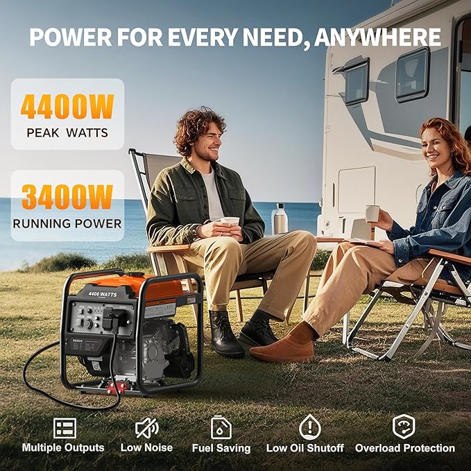 4400 Watt Open Frame Inverter Generator Gas Powered Portable Generator for Emergency Home Backup RV Ready 30A Outlet ECO Mode Low Oil Shutoff Quiet Operation EPA Compliant