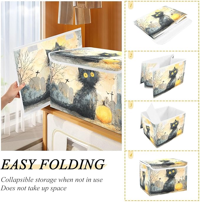 Halloween Cute Cat Storage Box with Lid 1 PC Foldable Storage Bin with Lids Stackable Storage Bins Cube Closet Organizer Basket with Flip-Top Lid &amp Handles for Shoes Books Towels