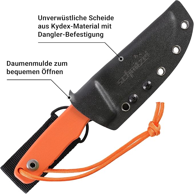 SCHNITZEL TRI - Outdoor Knife with Kydex Sheath and Dangler Carrying System – Bushcraft Outdoor Leisure Adult (Orange)