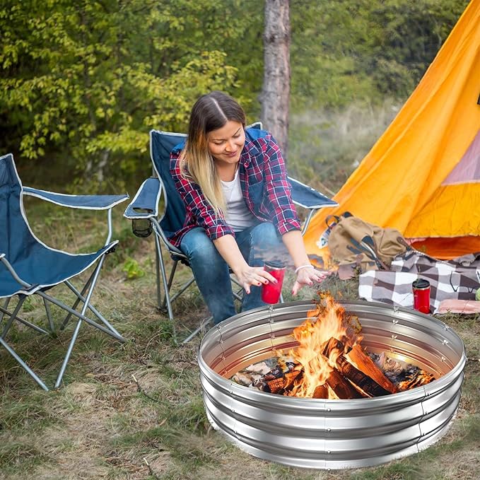 60 Inch Extra Large Fire Pit Ring for Outside Heavy Duty Wood Burning Firepits &amp Outdoor Fireplace12'' Tall High Heat Resistant Fire Bowl Galvanized Steel Portable for Backyard BonfirePatioCam