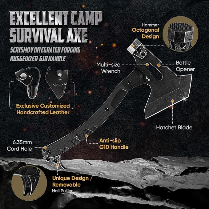 Tactical Axe with G10 Handle Camping Survival Hatchet Multifunctional Outdoor Hiking Heavy Duty Full Tang Tomahawk Tools with Hammer Unique Design Crowbar Leather Sheath (Black)