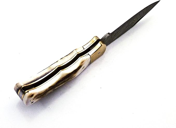 Skokie Knives Custom Hand Made Damascus Steel Hunting Pocket Folding Knife with Handle Stag Antler (S.F)