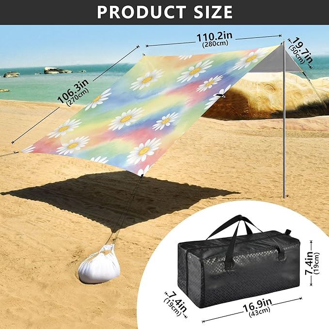 Daisy Beach Canopy Sun Shelter with Sandbags &amp Sand Shovel &amp Windproof Ropes - Portable 110x126 Beach Shade Beach Tent for Camping Picnics