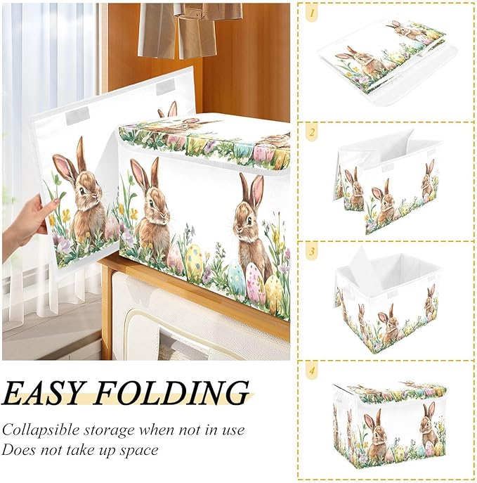 Christmas Storage Baskets with Lids Cute Bunnies Easter Eggs Collapsible Bins Stackable Fabric Linen Baskets Closet Organizer Container 16.5x12.6x11.8