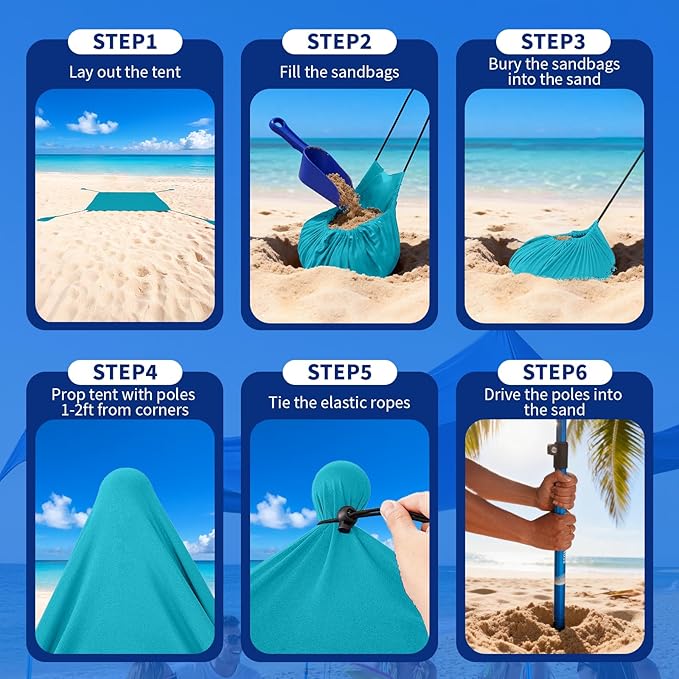 CROWN SHADES 10x10 Beach Tent Sun Shelter Easy Pop Up Beach Canopy Shade Portable Outdoor Carpas UPF50+ Includes 4 Poles Adjustable Aluminium Extra-Large Big Sand Shovel Turquoise
