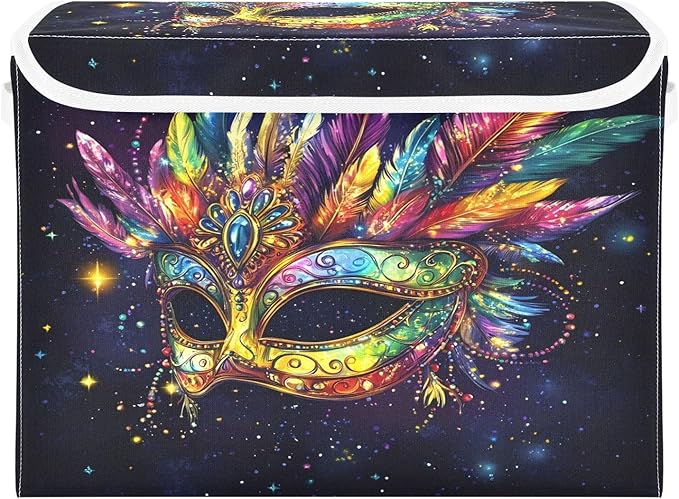 Doodle Mardi Gras Mask Pattern Foldable Storage Baskets Fabric Boxes with Handle Organizers with Flip-Top Lids Storage Bins for Home Bedroom Office