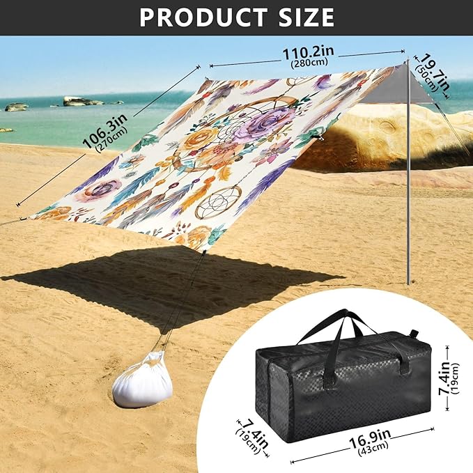 ALAZA Watercolor Ethnic Dream Catchers Flowers Beach Tent Sun Shelter Portable Canopy Sunshade for Outdoor Camping Picnics Backyard Fun 10x9 ft