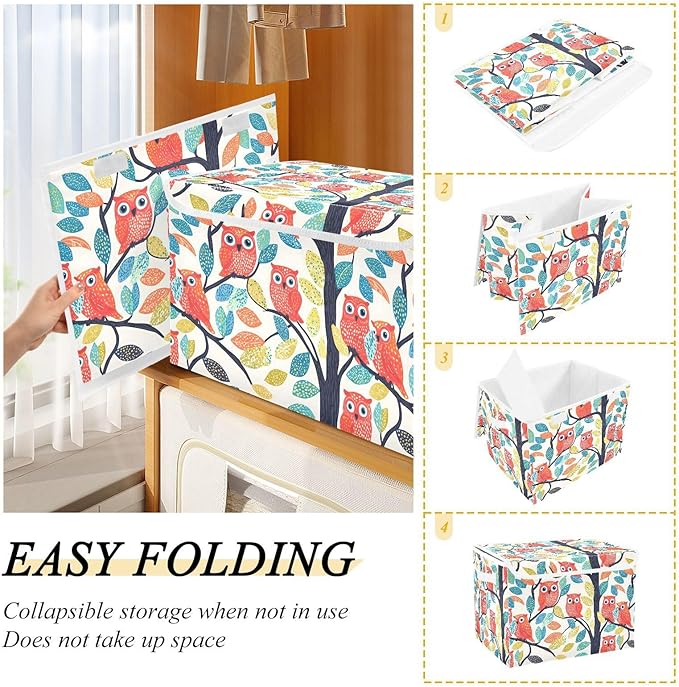 Storage Cube with Lid Cartoon Owls Print 16.5×12.6×11.8 IN 1 Pack Collapsible Large Capacity Foldable Storage Basket Bin Organizer