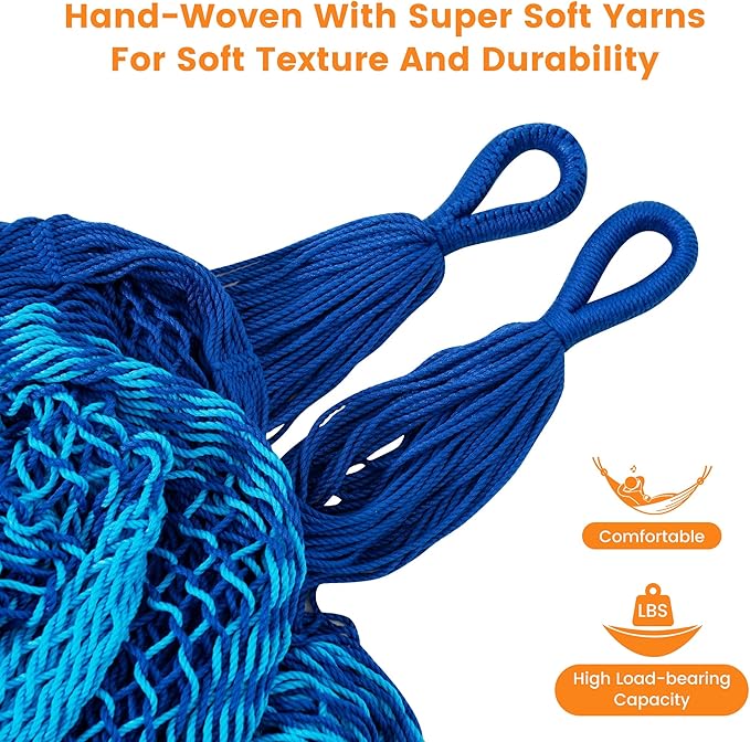 Lazy Daze Hammocks Handwoven Mayan Hammock 10.5 FT Soft Rope Double Hammocks Portable Outdoor Hammock with Carry Bag 2 Straps &amp Carabiners for Patio Outside 550 lbs Weight Capacity Blue/Dark