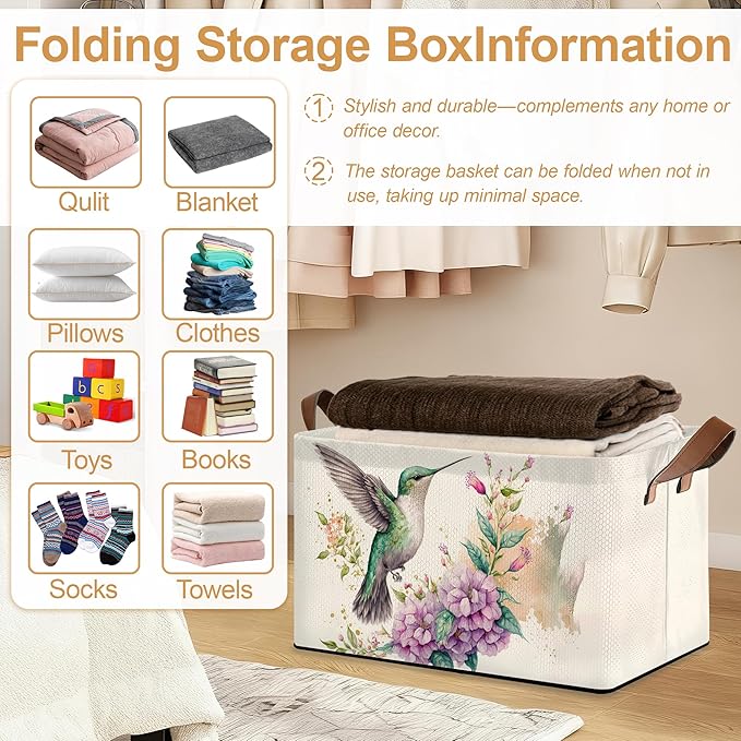 32L Large Storage Bins with Handles Basket Organizer for Shelves Closet Books Laundry &amp Home Decor (Hummingbird Flower)