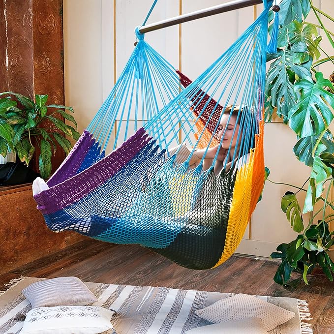 Caribbean Hammock Swing Chair with Spreader Bar Large Hammock Chair Hand Craft Rope Hanging Chair Outdoor Indoor Bedroom 330 LBS Weight Capacity Rainbow