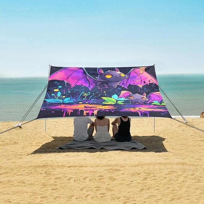 Cute Bats1 Beach Cabana UPF50+ Waterproof Shade Sun Shelter with Sandbags &amp Sand Shovel for Camping Picnics Backyard &amp Fishing