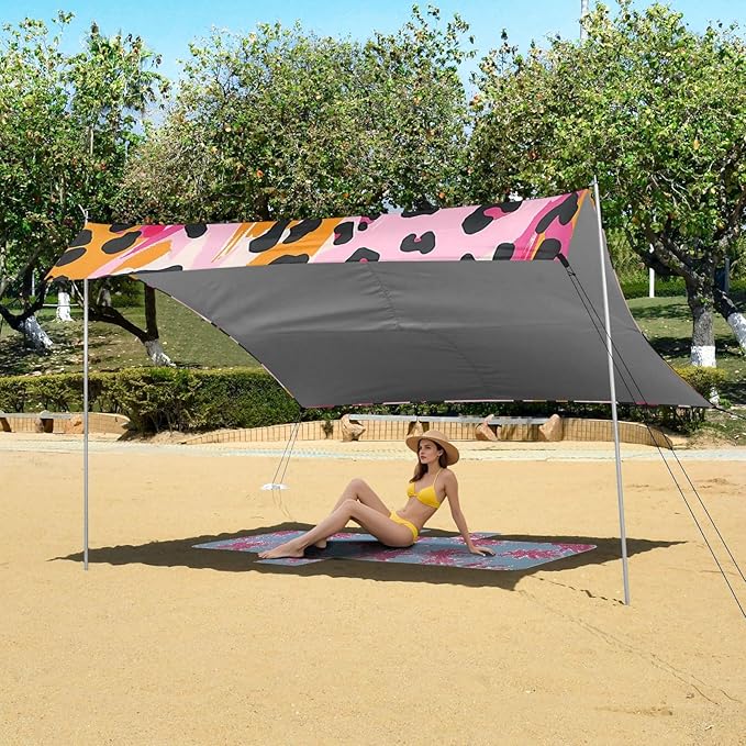 ALAZA Pink Yelliw Leopard Animal Print Beach Tent Sun Shelter Portable Canopy Sunshade for Outdoor Camping Picnics Backyard Fun 10x9 ft