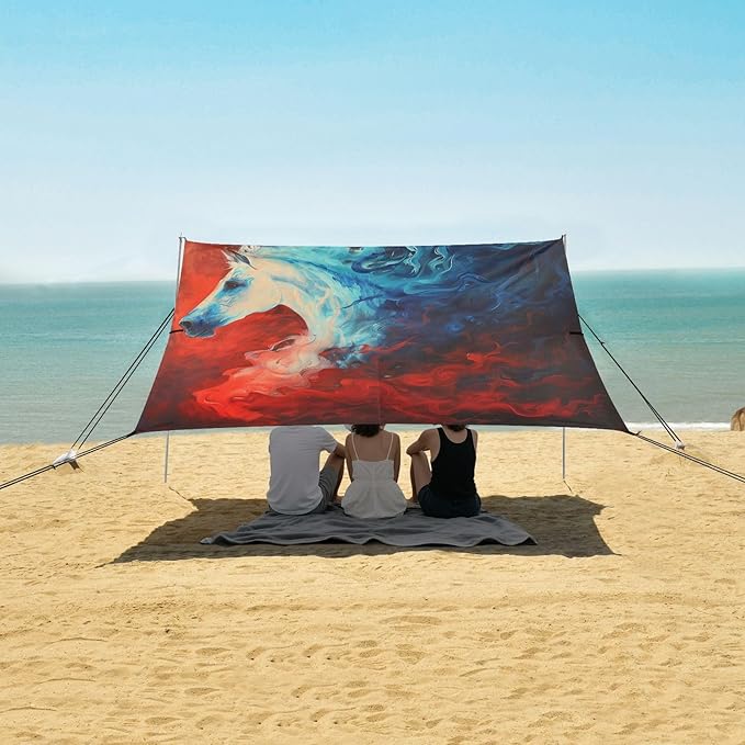 ALAZA Red &amp Blue Flame Horse Beach Tent Sun Shelter UPF50+ Protection Beach Shade Canopy w/ 4 Sandbags for Outdoor Camping Fishing Backyard Fun Picnic 10x9 ft
