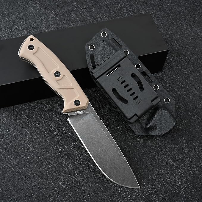 Knives 14C28N Steel Tactical Fixed Blade Knife with kydex sheath G10 Handle for Men EDC Outdoor Camping Survival Hunting (Black stone wash+khaki G10)