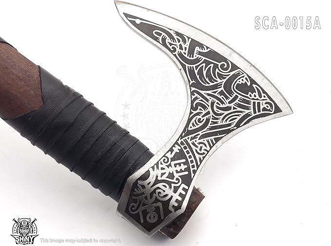 SHINY CRAFTS® Norse Viking Axe with Leather Sheath – Hand-Forged Bearded Hatchet Tomahawk Axe for Camping Survival Woodcutting Unique Gift for Him Husband Dad Groomsmen (Black-SCA-15-A)