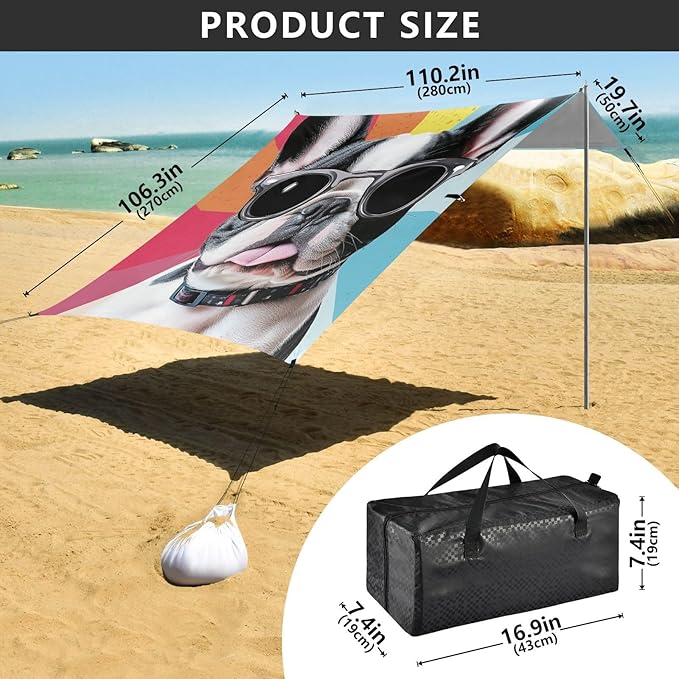 ALAZA Cool Cute French Bulldog Puppy Beach Tent Sun Shelter Portable Canopy Sunshade for Outdoor Camping Picnics Backyard Fun 10x9 ft