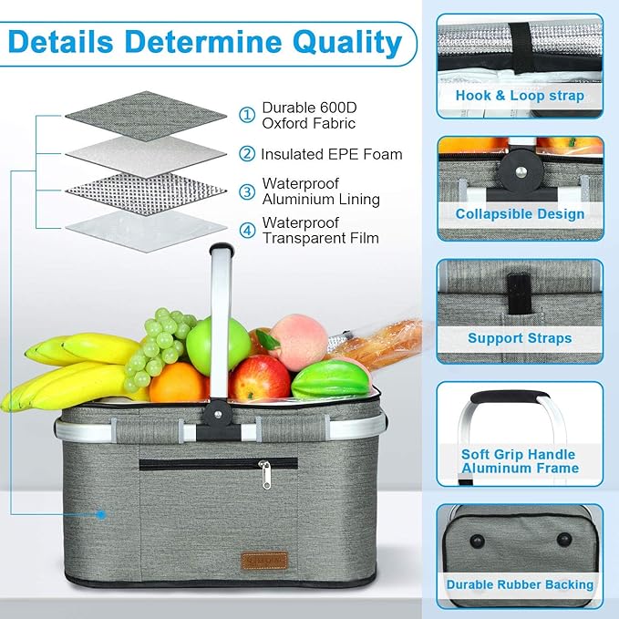 LIQING 35L Large Picnic Basket 2 Layers of Internal Pockets Leak-Proof and Insulated Folding with Internal Support for enhansed Stability Wedding Gifts for Couple(Grey)