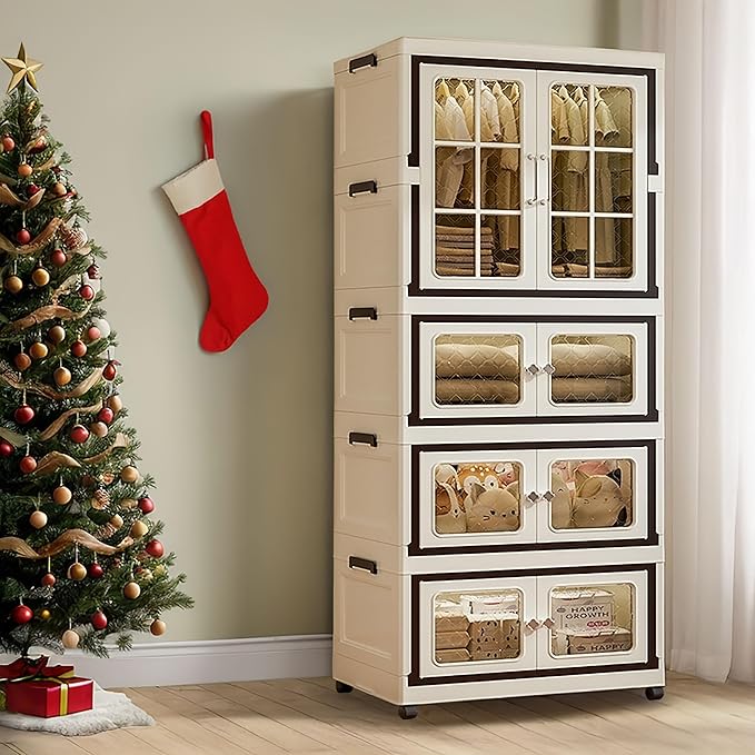 SunSettler Collapsible Storage Bins with Lids Folding Storage Cabinets with Doors Stackable Organizers Cabinets Closet Organizers and Storage for Home Dorm (3+1 Transparent Plus)