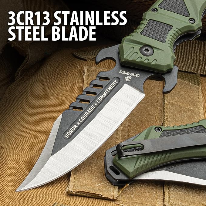 United Cutlery USMC Desert Ops Pocket Knife | 4 Blade | 9 Overall | TPR and TPU Handle | Pocket Clip (Olive Drab)