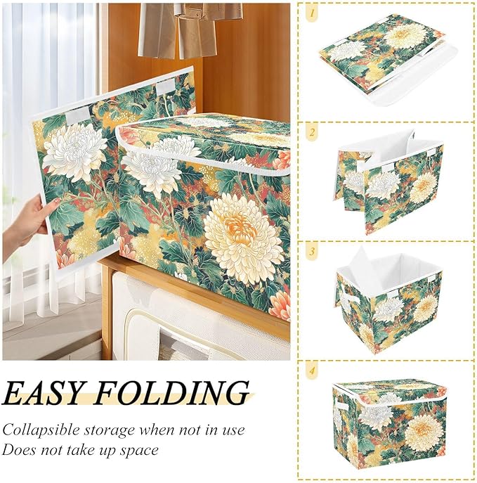 Storage Cube with Lid Japanese Florals Print 16.5×12.6×11.8 IN Collapsible Large Capacity Foldable Storage Basket Bin Organizer
