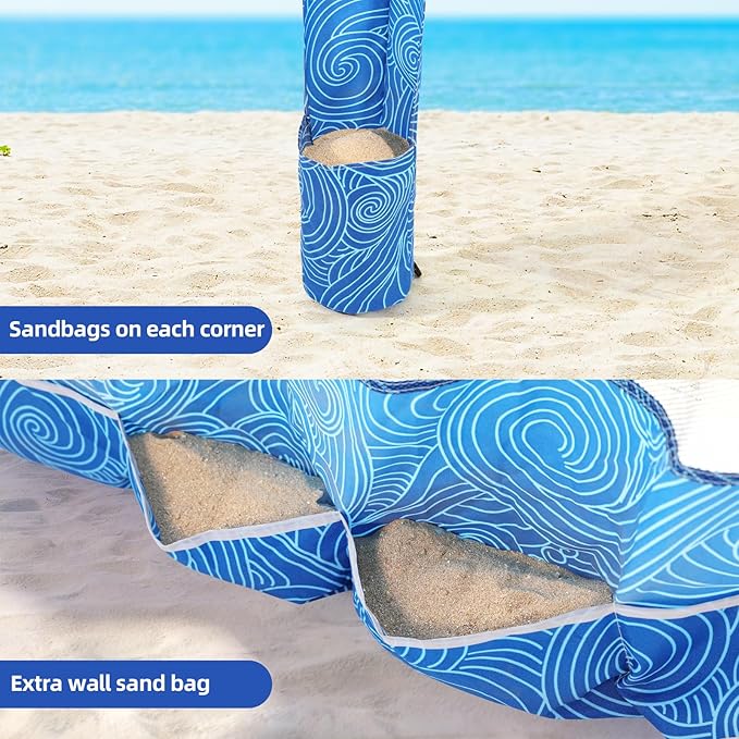 Jihfmo Beach Cabana 6.2'×6.2' Beach Canopy with Side Wall UPF 50+ UV Protection Easy Setup Tent Sun Shelter with Sand Pockets for Whole Family(Surging Waves)