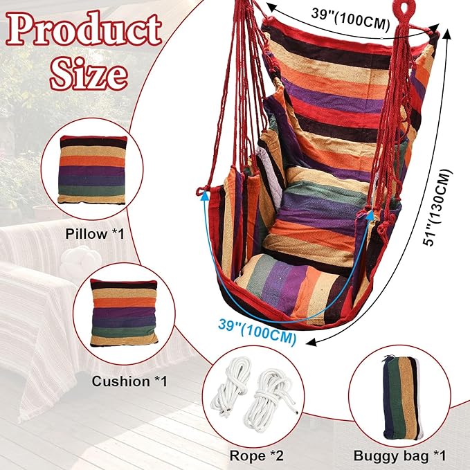 Hammock Chair Hanging Swing with 2 Pillows &amp Side Pocket Soft Cotton Tassel Swinging Chair with Strong Webbing Straps &amp Hooks Indoor Outdoor Comfort Seat (Red)