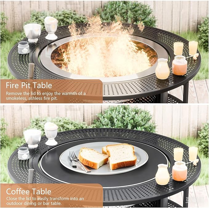 Kullavik 37 Inch Surround Tabletop with 25 Inch Outdoor Smokeless Fire PitStainless Steel Firepit with Weather Resistant CoverWood Burning Fire Pit for Outside