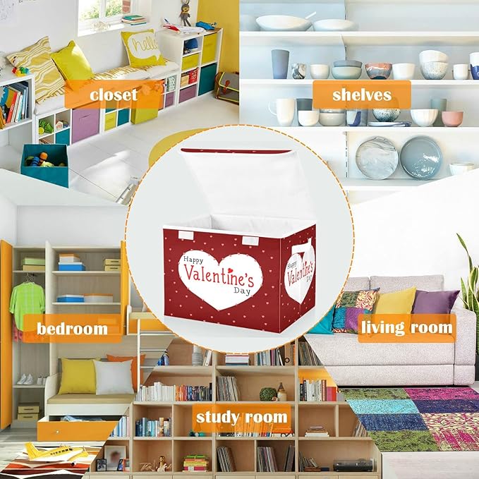 CaTaKu Large Fabric Storage Bins With LidsValentine's Day Hearts Storage Boxes With Handles for Organizing Clothes Collapsible Storage Cube Bins Baskets for Shelves