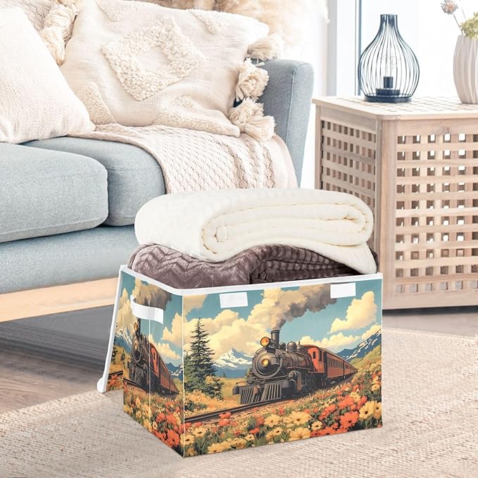 AIXIWAWA Lidded Storage Cube (Spring Wild Train) Fabric Foldable Closet Bins with Flip Lid and Handles Organizer Basket Container 16.5 x 12.6 x 11.8 IN