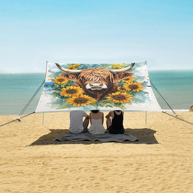 ALAZA Watercolor Highland Cow Beach Tent Sun Shelter Portable Canopy Sunshade for Outdoor Camping Picnics Backyard Fun 10x9 ft