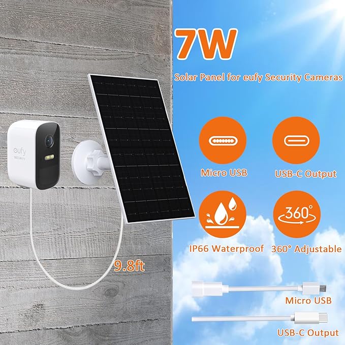 7W Solar Panel Compatible with Eufycam USB-C Solar Charger for 5V Battery Cameras IP66 Waterproof 360° Adjustable Mount 9.8ft Charging Cable 2 Pack