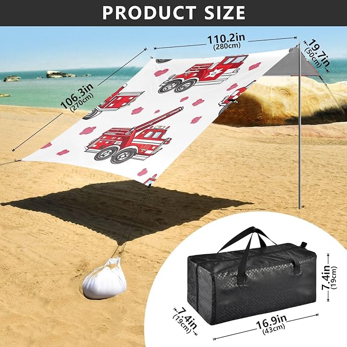 ALAZA Cartoon Fire Truck Beach Tent Sun Shelter Portable Canopy Sunshade for Outdoor Camping Picnics Backyard Fun 10x9 ft