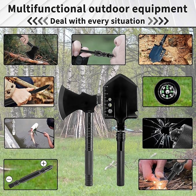 Survival Shovel Survival Axe Heavy-Duty Carbon Steel Camping Folding Shovel with Multiple Extension Handles(7.3-21.9In) Suitable for Survival Tools in Camping Off-Road Excavation and Hiking