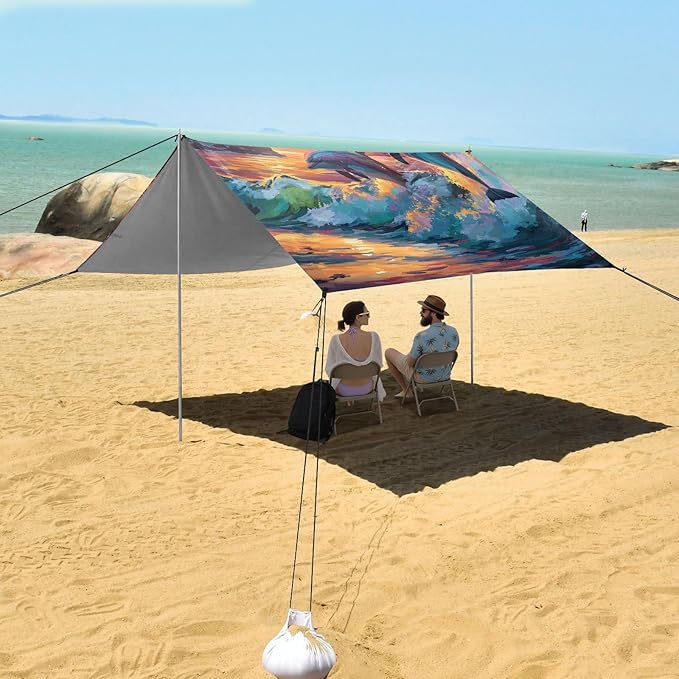 ALAZA Dolphins Sunset Sea Beach Tent Sun Shelter UPF50+ Protection Beach Shade Canopy w/ 4 Sandbags for Outdoor Camping Fishing Backyard Fun Picnic 10x9 ft