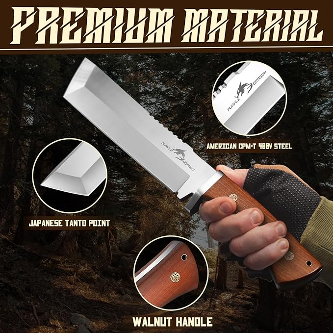 Purple Dragon Japanese Tanto Knife - Fixed Blade Knives with Back-Carry Sheath - Full Tang Knife with Wooden Handle for Camping Outdoor - Christmas Gift for Men and Women