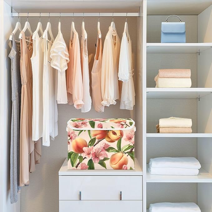 Collapsible Storage Bins with Lids Decorative Fabric Storage Cubes Closet Organizer and Storage Basket Boxes Containers for Clothes Box Chest Nursery Folding Rectangle Pink Peach Blossoms01