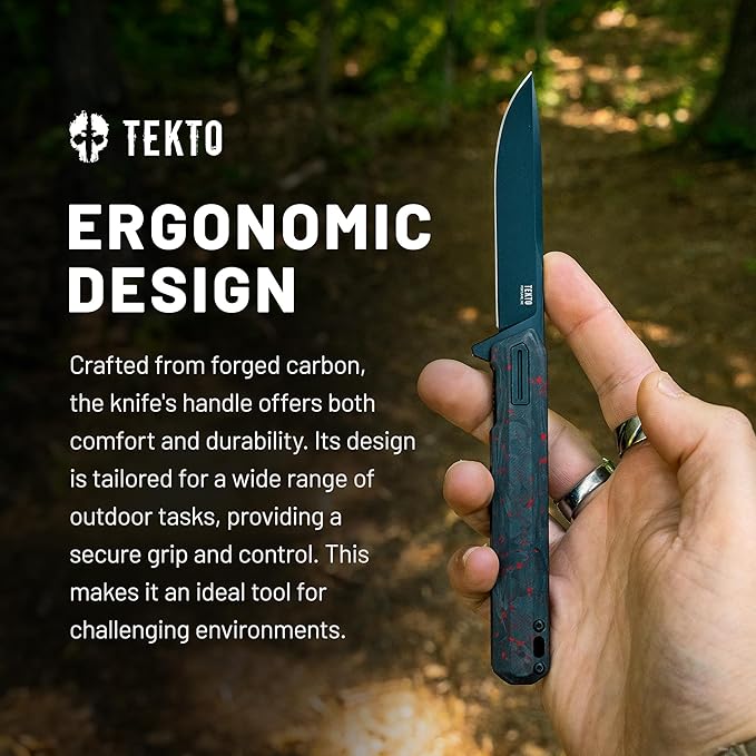 TEKTO F2 Bravo Folding Pocket Knife - D2 Steel Blade Ceramic Ball Bearings - EDC - Snap Swift Flip for Camping Backpacking - 2.4oz (68g) Forged Ember Handle Black Titanium Accents