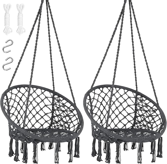 SUNCREAT Hammock Chair Hanging Macrame Swing with Hardware Kits Max 330 Lbs Handmade Knitted Mesh Rope Swing Chair for Indoor Outdoor Bedroom Patio Yard Garden Pack of 2 Grey