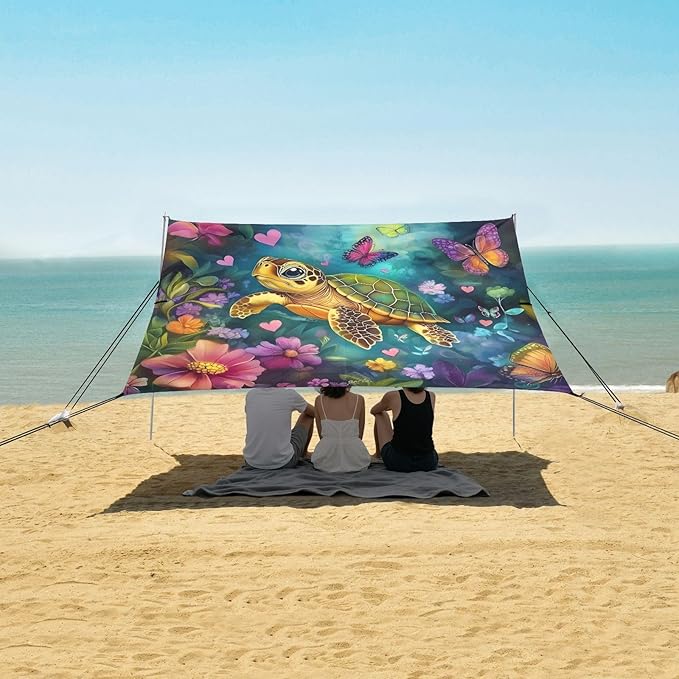 ALAZA Turtle Butterfly Beach Tent Sun Shelter UPF50+ Protection Beach Shade Canopy w/ 4 Sandbags for Outdoor Camping Fishing Backyard Fun Picnic 10x9 ft