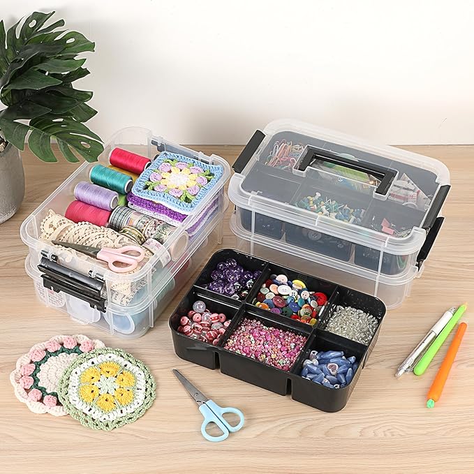 JUXYES 4-Tiers Stack Carry Storage Box With 2 Divided Tray Transparent Stackable Storage Bin With Handle Lid Latching Storage Container for School &amp Office Supplies Black