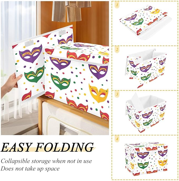 Mardi Gras Mask Fabric Storage Bins with Lids and HandleFoldable Storage Bins with LidsCloset Organizers for Clothes Storage Room Organization Office Storage Chest Organizer