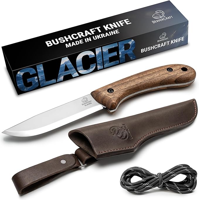 BeaverCraft Bushcraft Knife Full Tang Fixed Blade for Camping &amp Hiking – Bush Knife Carbon Steel Blade with Leather Sheath – Camp Outdoor Knives Scandi Grind BSH2 Glacier