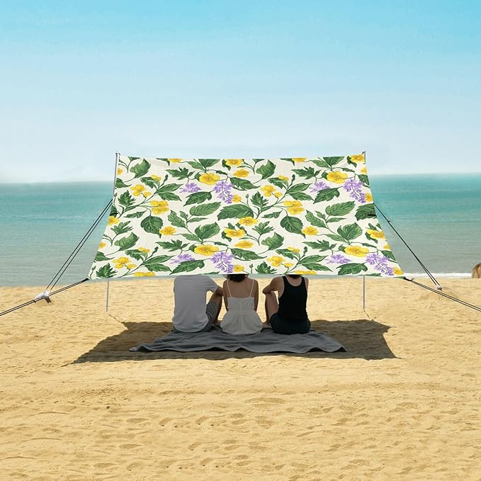 xigua Wildflowers Beach Tent Sun Shelter with Carrying Bag - Silver Coated Oxford Fabric Beach Canopy for Beach Camping Fishing - Includes Windproof Ropes Sandbags &amp Stakes