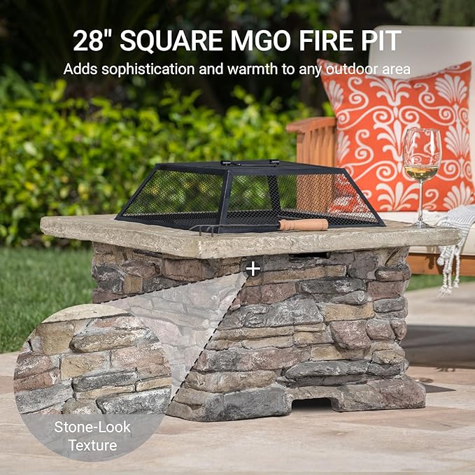 Outdoor Fire Pit Table 28.5 Inch Wood Burning Fire Pit for Patio with Spark Screen Fire Poker MGO Square Fireplace for Camping Garden Backyard Bonfire Party Stone Gray