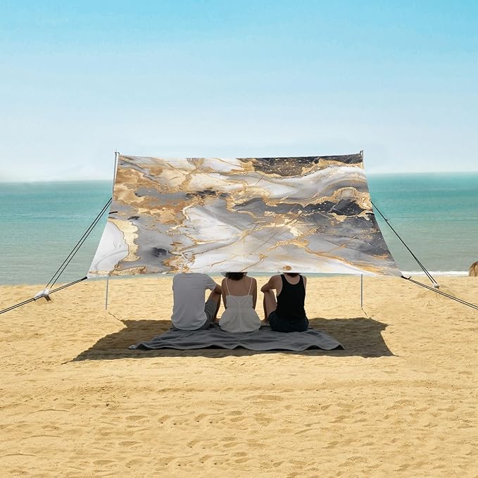 ALAZA Marble Golden Black Beach Tent Sun Shelter Portable Canopy Sunshade for Outdoor Camping Picnics Backyard Fun 10x9 ft