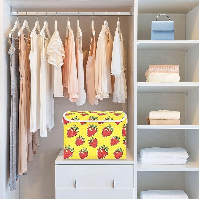 Cartoon Strawberry Storage Cube Bins Basket with Lid Collapsible Flip-top Fabric with Handle for Home Bedroom Closet Office 16.5×12.6×11.8 in