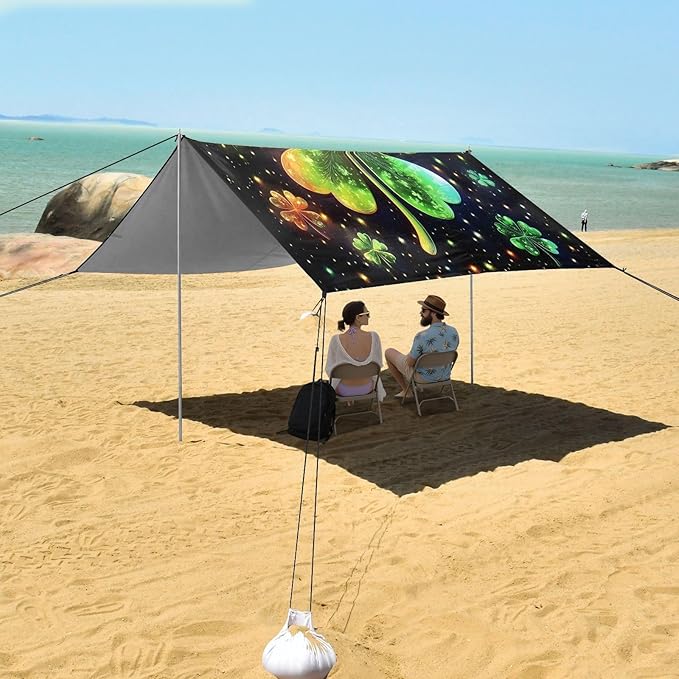 St Patrick's Clovers Glowing Beach Tent Sun Shelter Set UPF50+ UV Protection 10.5 x 9.19 FT Camping Shade Canopy with Sandbags Sand Anchors Carrying Bag and Others